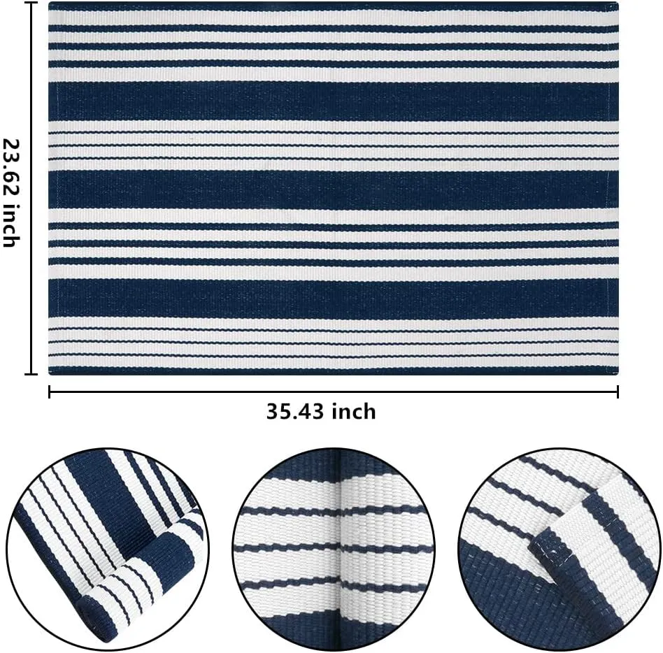 Blue and White Striped Doormat 24'' x 35'' Front Porch Rug Machine Washable Indoor Outdoor Doormat for Front Porch Hand-Woven Entryway Rug for Laundry/Bathroom/Bedroom