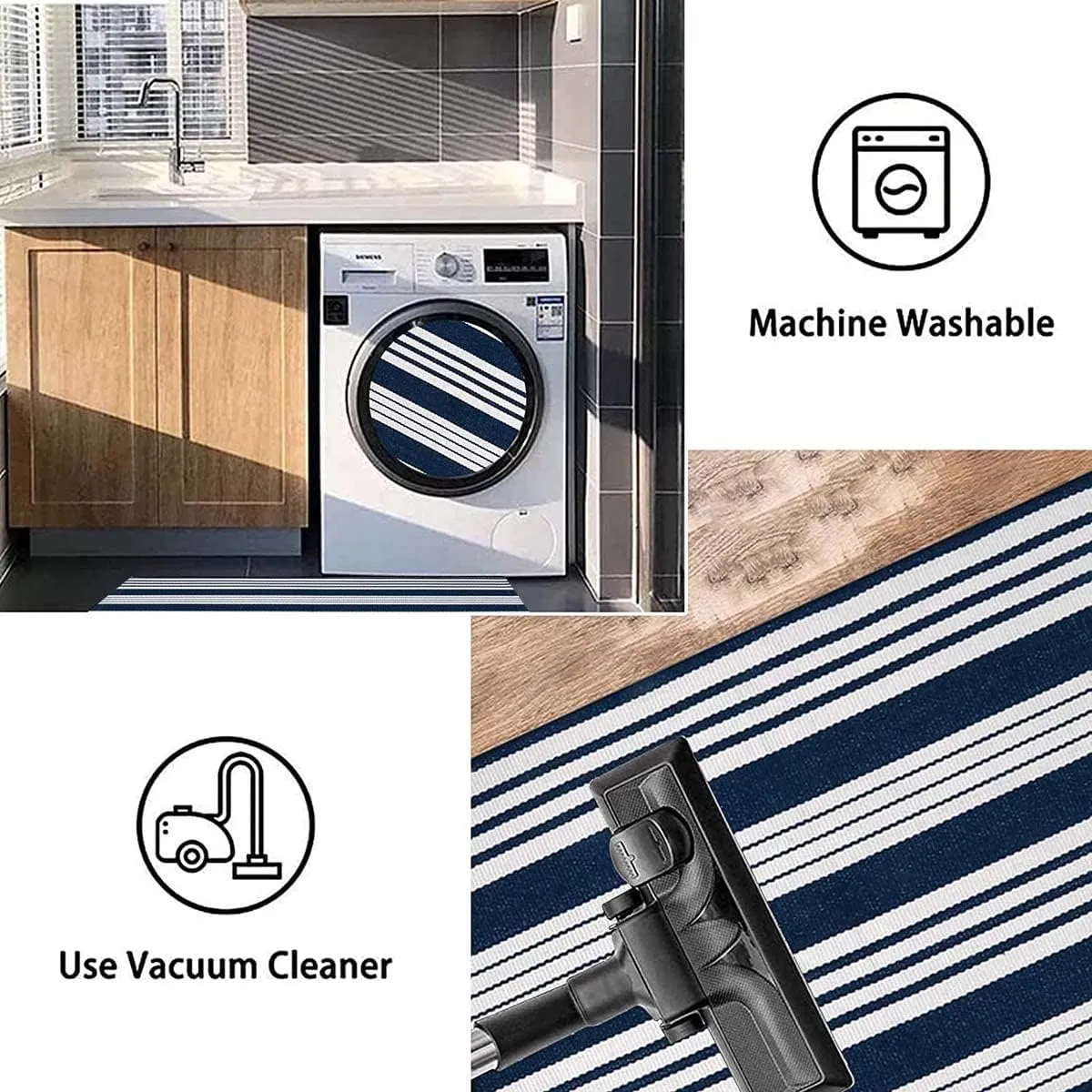 Blue and White Striped Doormat 24'' x 35'' Front Porch Rug Machine Washable Indoor Outdoor Doormat for Front Porch Hand-Woven Entryway Rug for Laundry/Bathroom/Bedroom