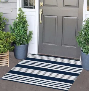 Blue and White Striped Doormat 24'' x 35'' Front Porch Rug Machine Washable Indoor Outdoor Doormat for Front Porch Hand-Woven Entryway Rug for Laundry/Bathroom/Bedroom