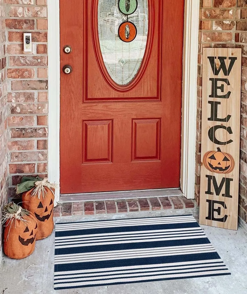Blue and White Striped Doormat 24'' x 35'' Front Porch Rug Machine Washable Indoor Outdoor Doormat for Front Porch Hand-Woven Entryway Rug for Laundry/Bathroom/Bedroom