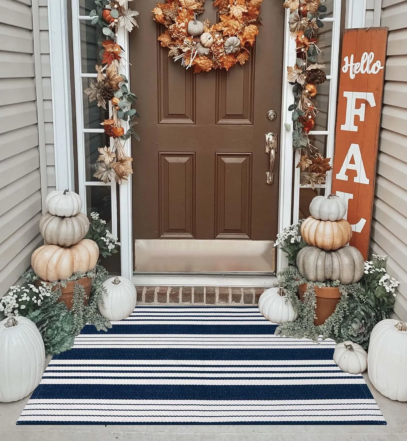 Blue and White Striped Doormat 24'' x 35'' Front Porch Rug Machine Washable Indoor Outdoor Doormat for Front Porch Hand-Woven Entryway Rug for Laundry/Bathroom/Bedroom