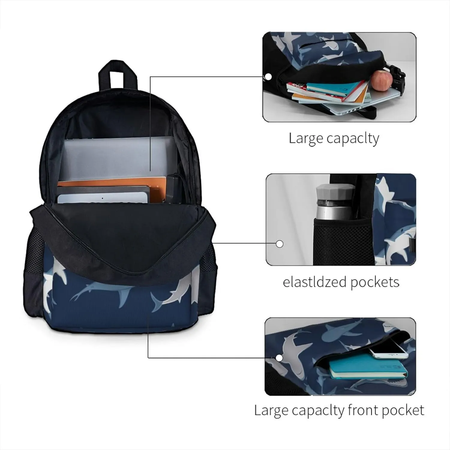 Blue Cartoon Shark Print Storage Bag, Shoulder Bag, Leisure Bag, Large Capacity Leisure Travel Shoulder Bag
