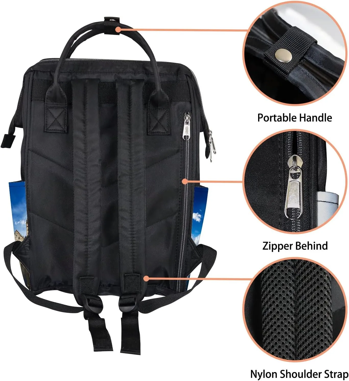 Blue Europe Belgium Medieval Town Diaper Bag Backpack, waterproof backpack Baby Nappy Changing Bags Laptop Backpack for Travel, Large Capacity, Durable and Stylish for Woman and Men.