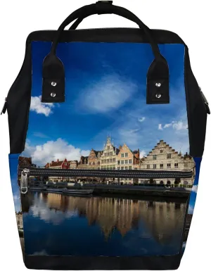 Blue Europe Belgium Medieval Town Diaper Bag Backpack, waterproof backpack Baby Nappy Changing Bags Laptop Backpack for Travel, Large Capacity, Durable and Stylish for Woman and Men.