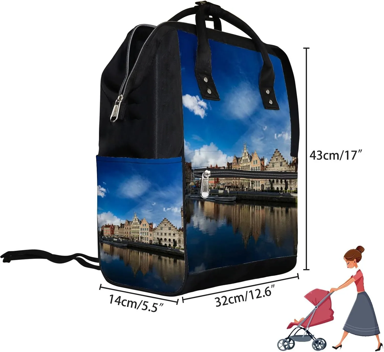 Blue Europe Belgium Medieval Town Diaper Bag Backpack, waterproof backpack Baby Nappy Changing Bags Laptop Backpack for Travel, Large Capacity, Durable and Stylish for Woman and Men.