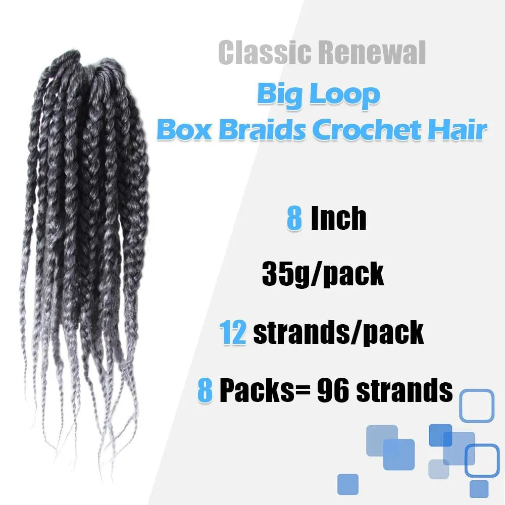 BOHOBABE Ombre Gray Box Braids Crochet Hair 8 Inch 8 Packs Short Prelooped Grey Crochet Box Braiding Hair (TGrey)