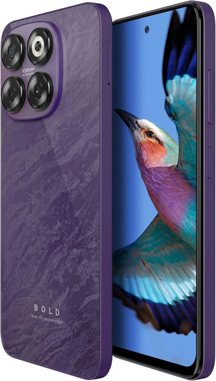 Bold K30 | 2025 | All-Day Battery | Unlocked | 6.7” HD  Infinity Dot Display | 256/6GB | Triple 108MP Camera | US Version | US Warranty | (Purple)