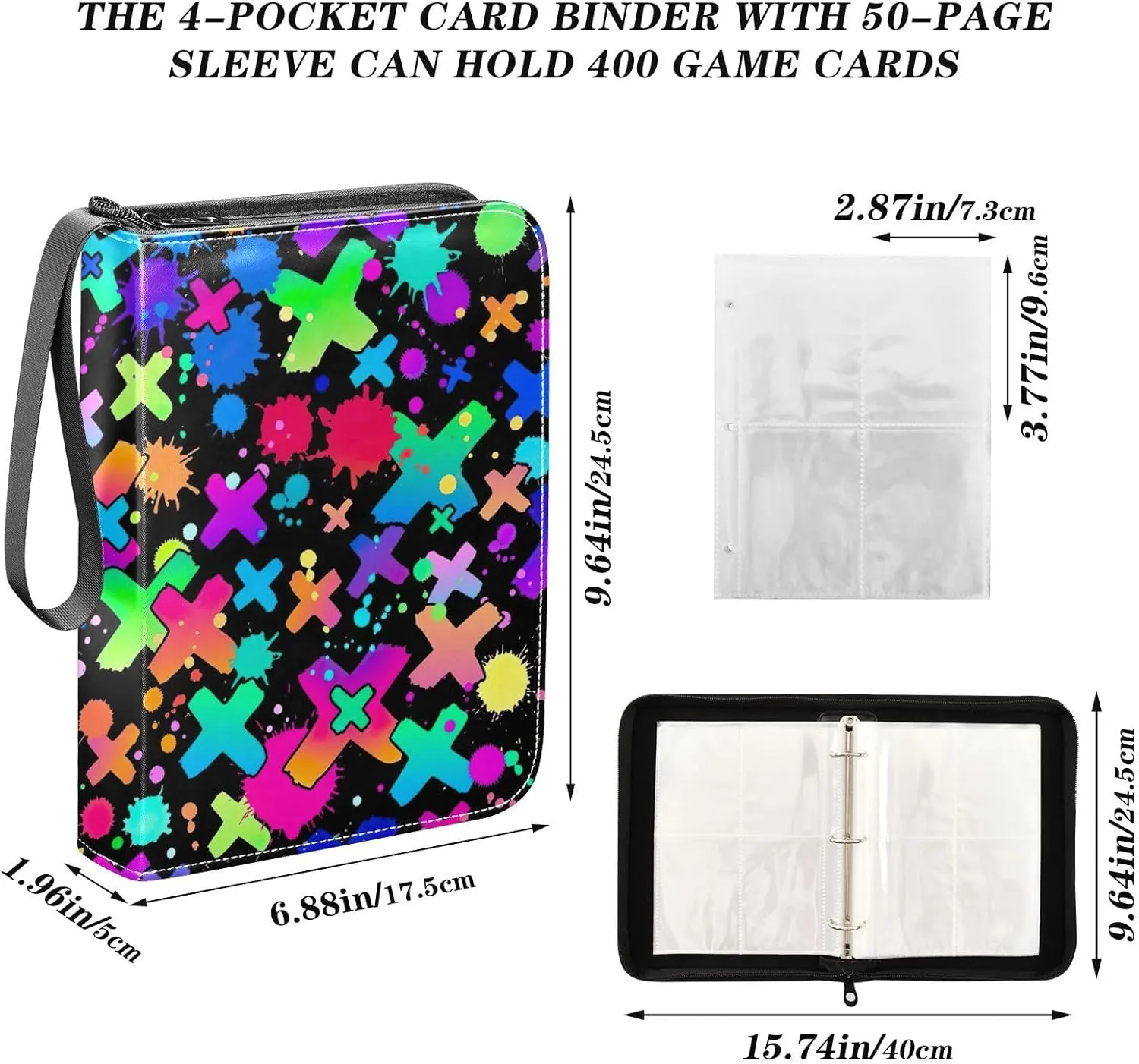 Bright Colorful Crosses Paint Card Collecting Binder 4 Pocket Card Collectors Album Fits 400 Cards 4 Pocket Trading Card Binder