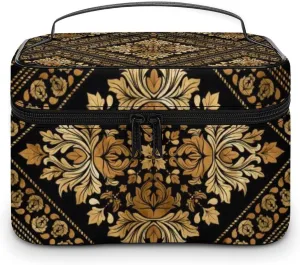 Brocade Pattern in Black And Gold Portable Large Capacity Portable Makeup Bag with Zipper