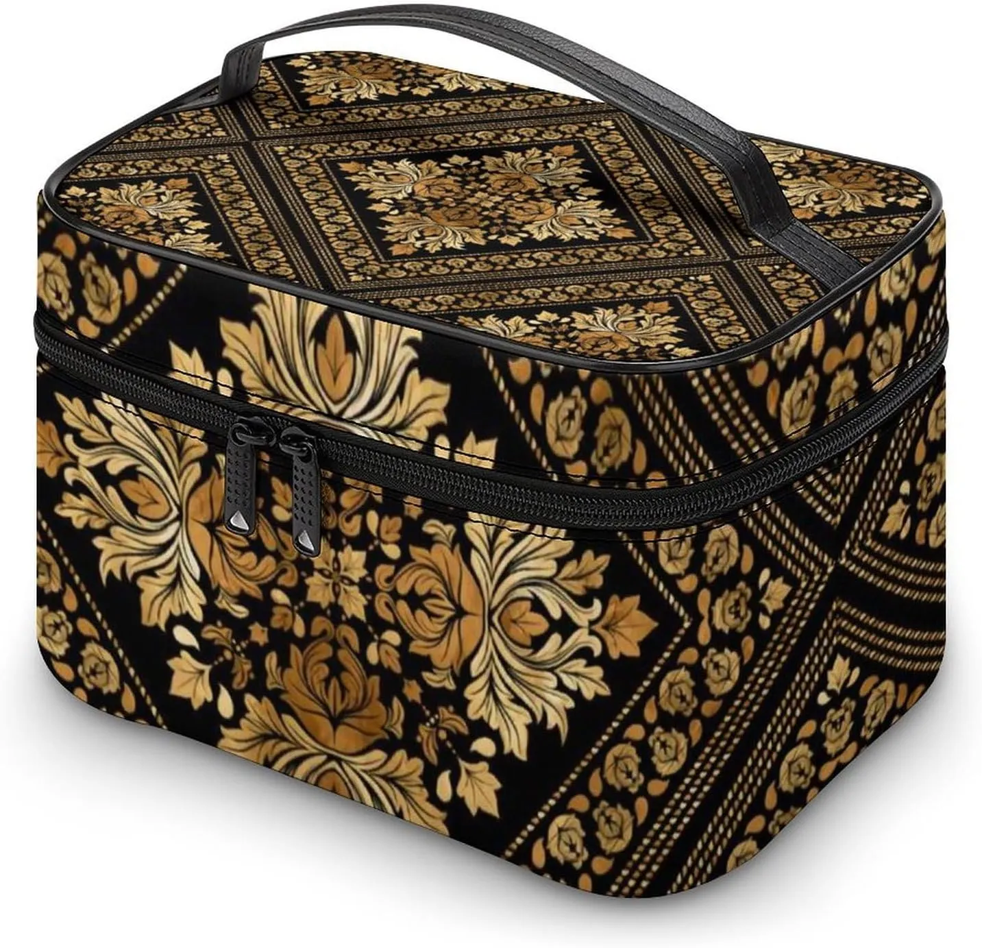 Brocade Pattern in Black And Gold Portable Large Capacity Portable Makeup Bag with Zipper