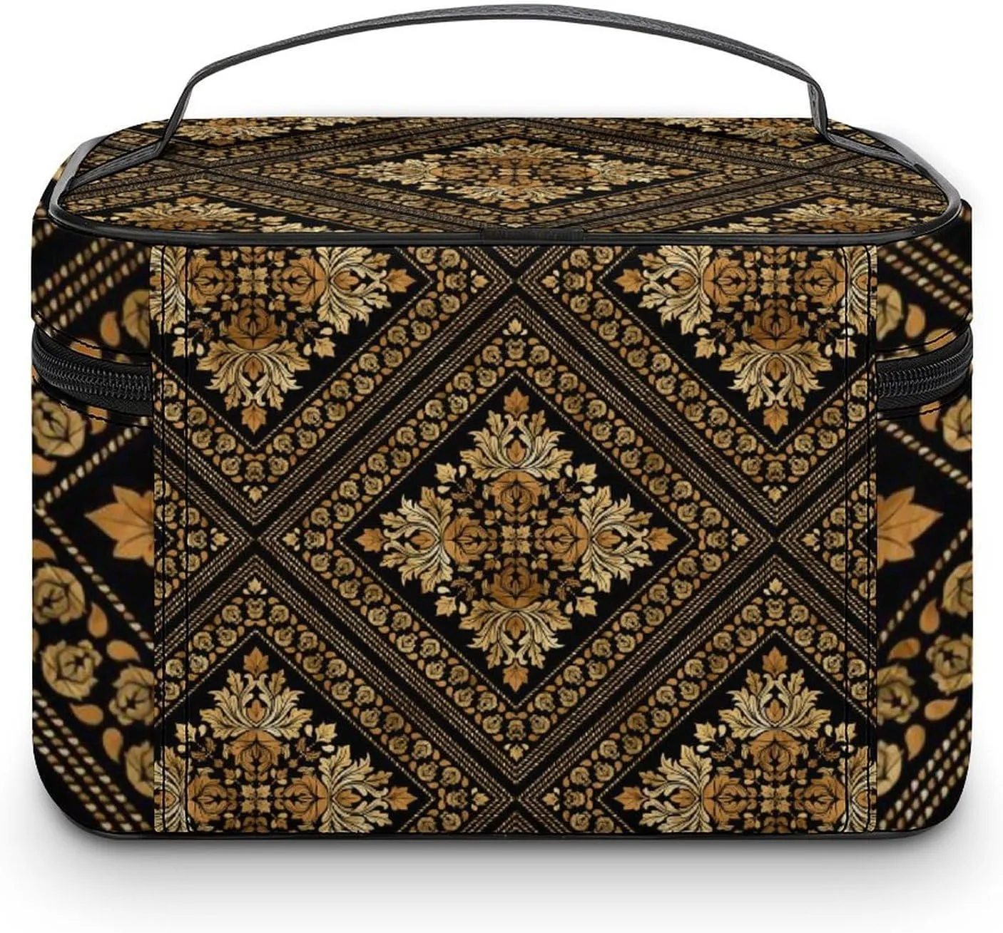 Brocade Pattern in Black And Gold Portable Large Capacity Portable Makeup Bag with Zipper