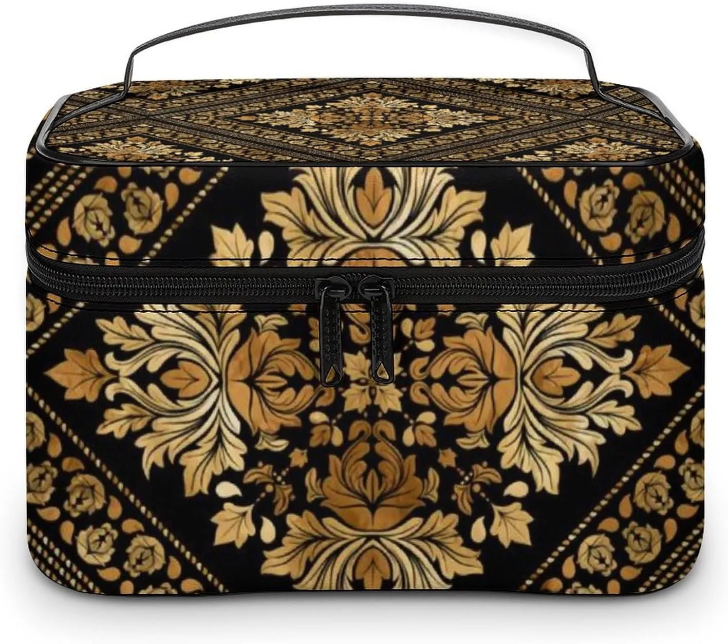 Brocade Pattern in Black And Gold Portable Large Capacity Portable Makeup Bag with Zipper