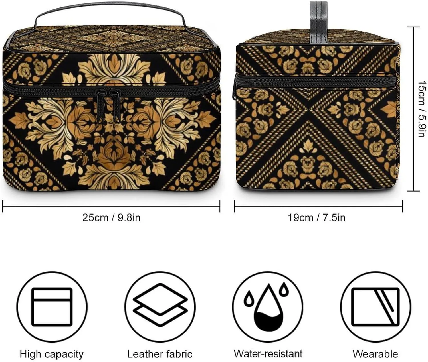 Brocade Pattern in Black And Gold Portable Large Capacity Portable Makeup Bag with Zipper
