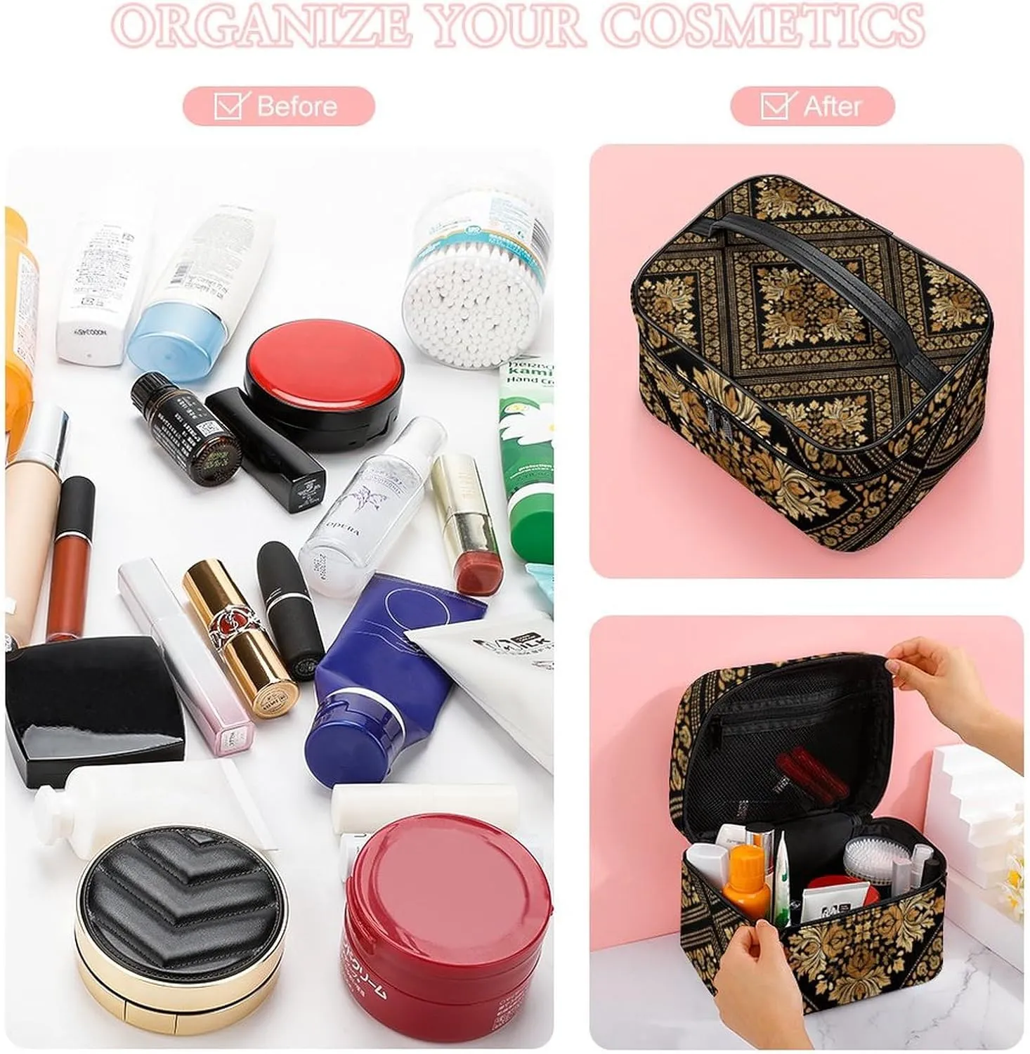 Brocade Pattern in Black And Gold Portable Large Capacity Portable Makeup Bag with Zipper