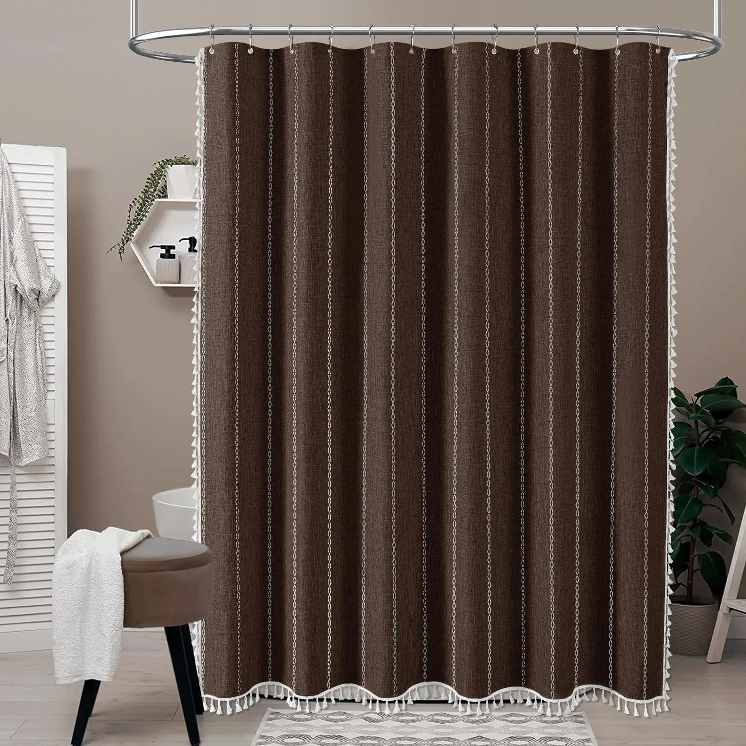 BTTN Boho Shower Curtain, Bohemian Linen Fabric Heavy Duty Striped Shower Curtains Set with Tassel, Water Repellent, Farmhouse Aesthetic Shower Curtain for Bathrooms with Hooks, 72"x72", Brown