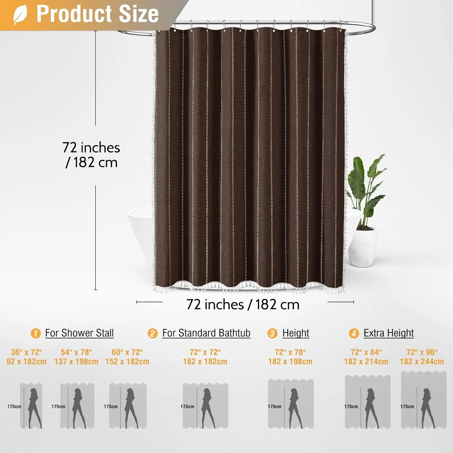 BTTN Boho Shower Curtain, Bohemian Linen Fabric Heavy Duty Striped Shower Curtains Set with Tassel, Water Repellent, Farmhouse Aesthetic Shower Curtain for Bathrooms with Hooks, 72"x72", Brown