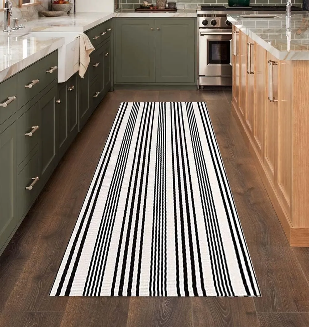 BUAGETUP Black and White Striped Hand-Woven Cotton Runner Rug 2x6ft Machine Washable Indoor Outdoor Doormat for Front Porch Entryway Rug