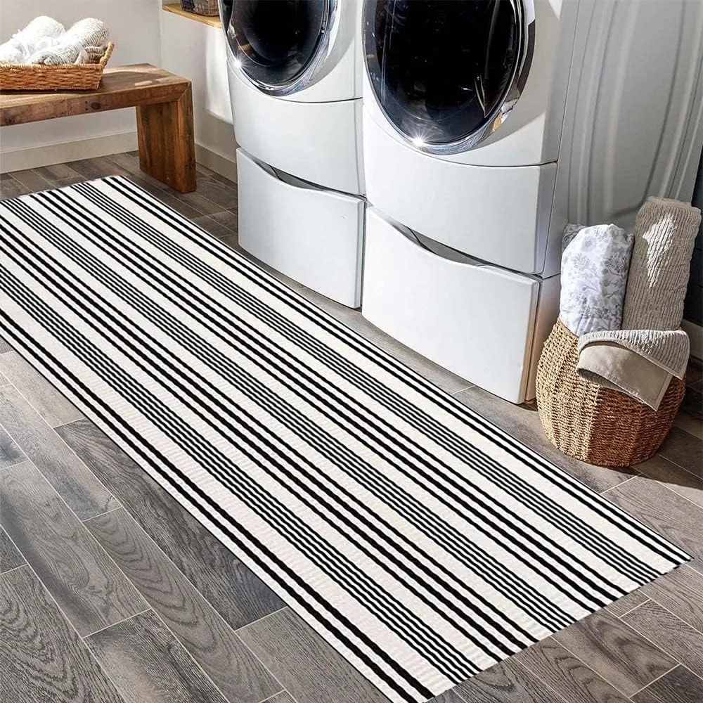 BUAGETUP Black and White Striped Hand-Woven Cotton Runner Rug 2x6ft Machine Washable Indoor Outdoor Doormat for Front Porch Entryway Rug