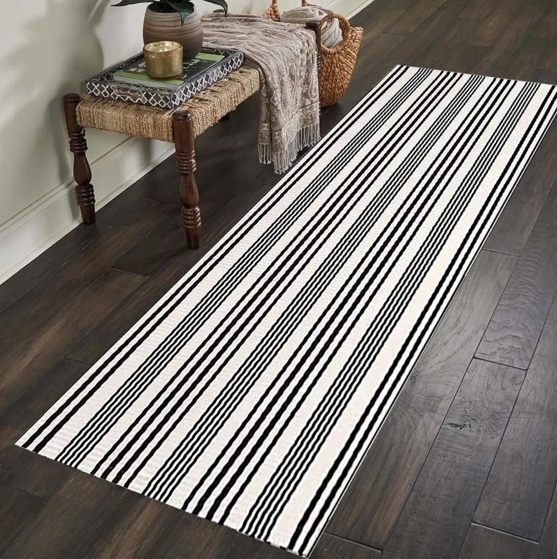 BUAGETUP Black and White Striped Hand-Woven Cotton Runner Rug 2x6ft Machine Washable Indoor Outdoor Doormat for Front Porch Entryway Rug