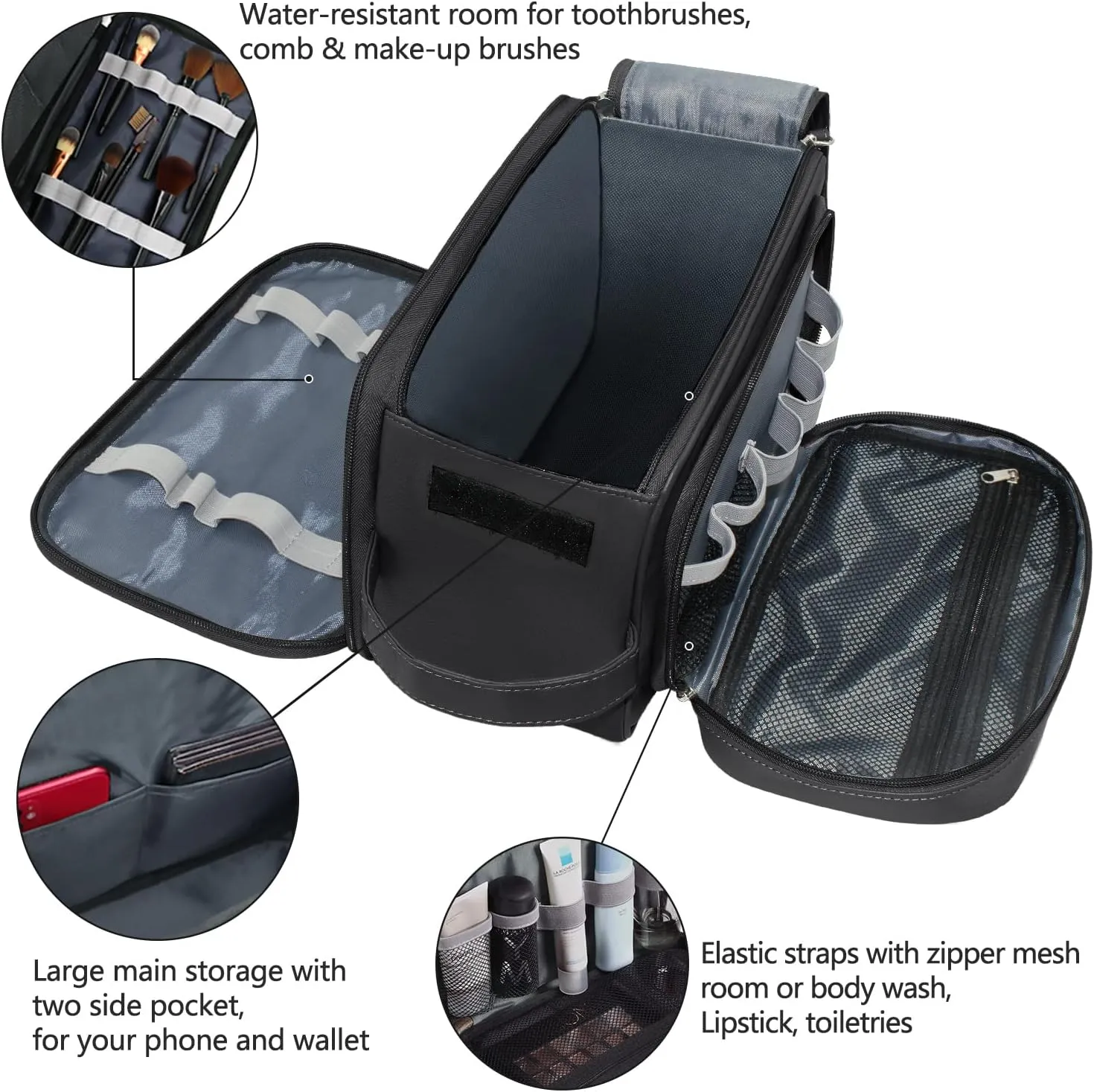 Buruis Extra Large Toiletry Bag for Men, Travel Toiletry Organizer Dopp Kit Water-resistant Shaving Bags, PU Leather Cosmetic Bathroom Shower Bag for Toiletries, Grooming, Accessories (Black)