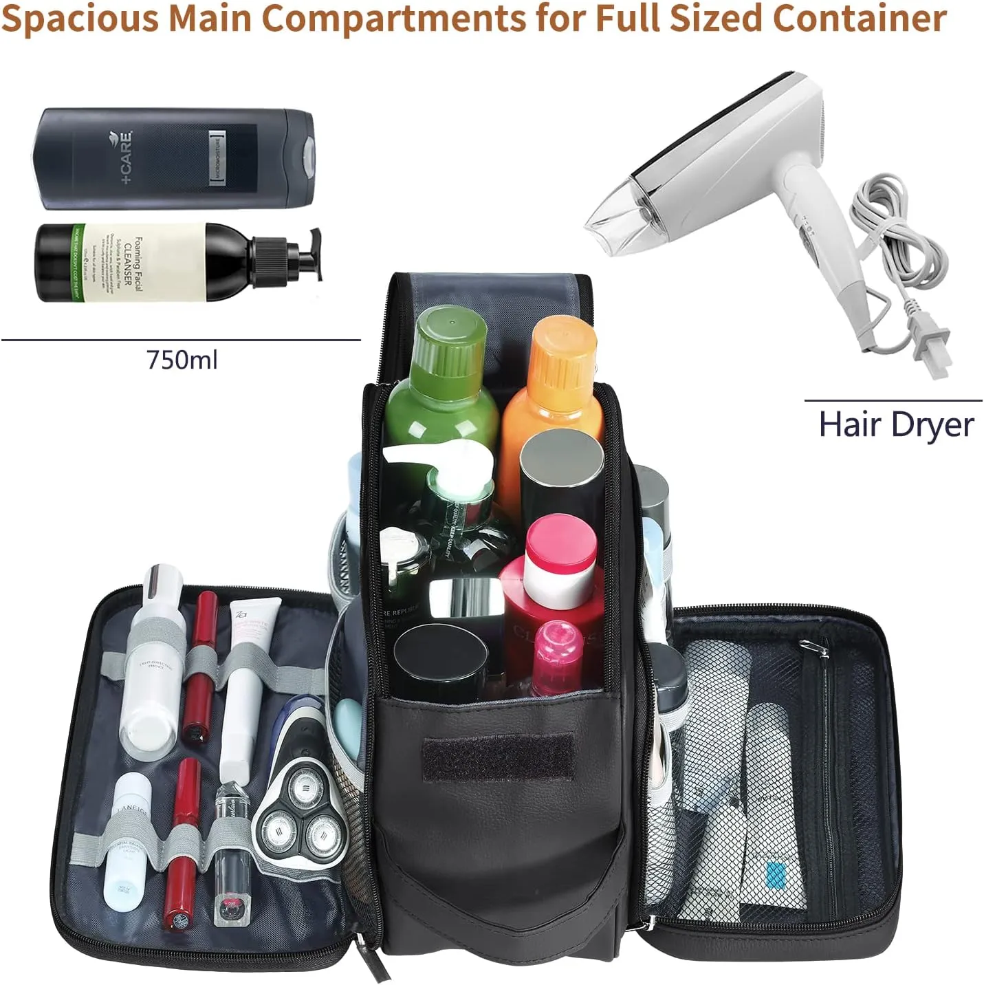 Buruis Extra Large Toiletry Bag for Men, Travel Toiletry Organizer Dopp Kit Water-resistant Shaving Bags, PU Leather Cosmetic Bathroom Shower Bag for Toiletries, Grooming, Accessories (Black)