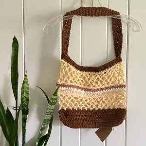 Butter Yellow & Chocolate Brown Tote Shoulder Bag Purse Cotton Reusable Boho Multicolor Hand Crocheted Knit Pastel Peach