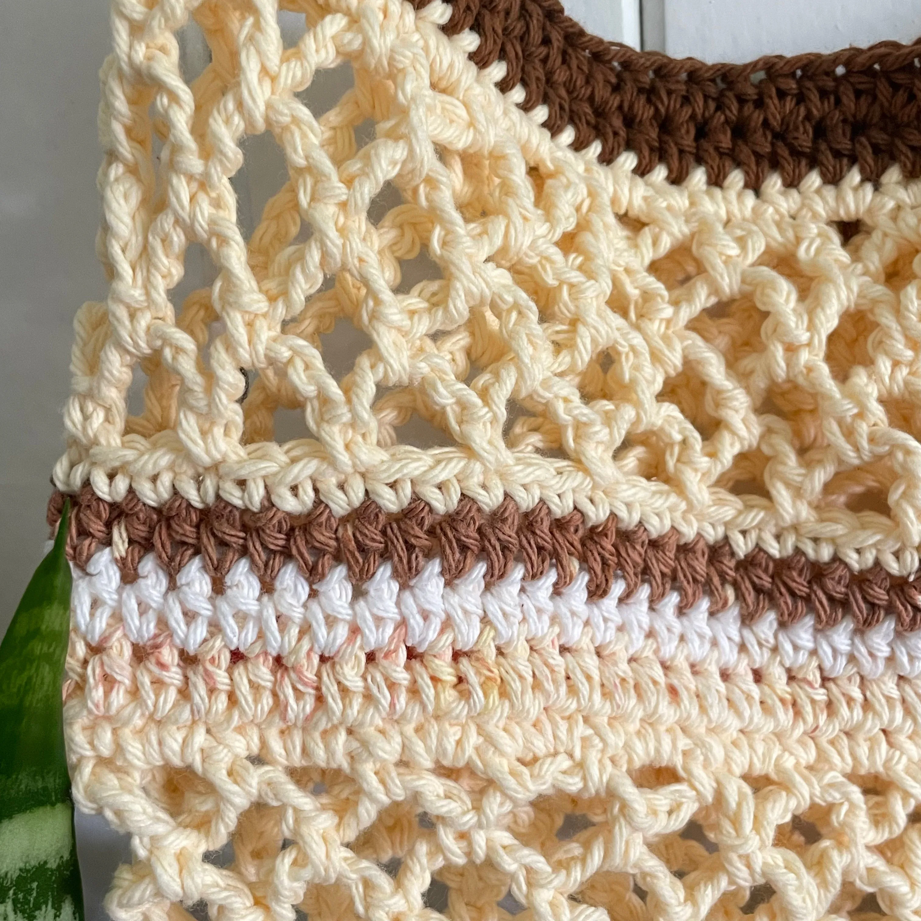 Butter Yellow & Chocolate Brown Tote Shoulder Bag Purse Cotton Reusable Boho Multicolor Hand Crocheted Knit Pastel Peach