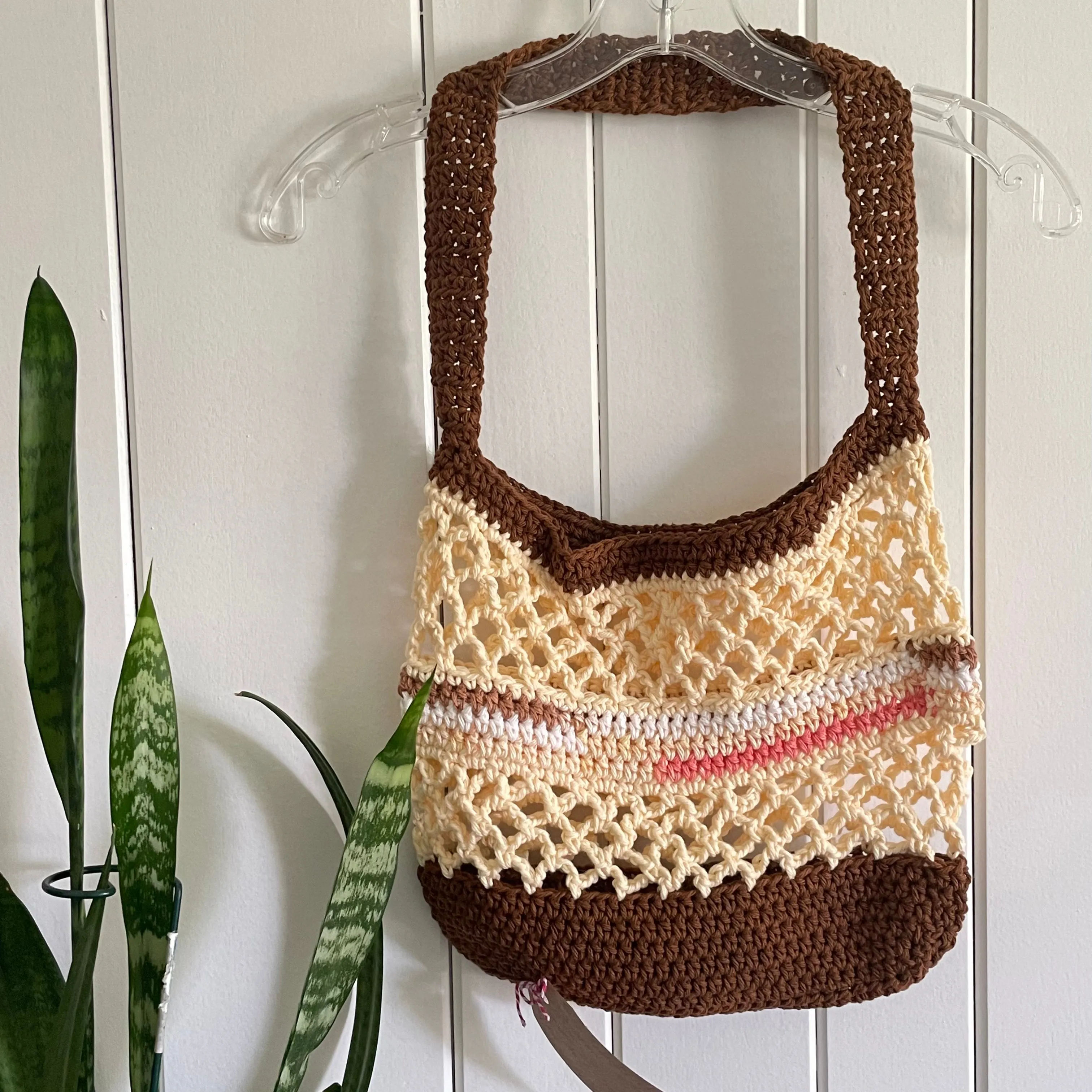 Butter Yellow & Chocolate Brown Tote Shoulder Bag Purse Cotton Reusable Boho Multicolor Hand Crocheted Knit Pastel Peach