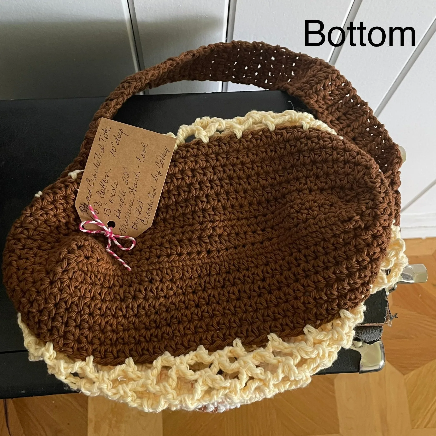 Butter Yellow & Chocolate Brown Tote Shoulder Bag Purse Cotton Reusable Boho Multicolor Hand Crocheted Knit Pastel Peach