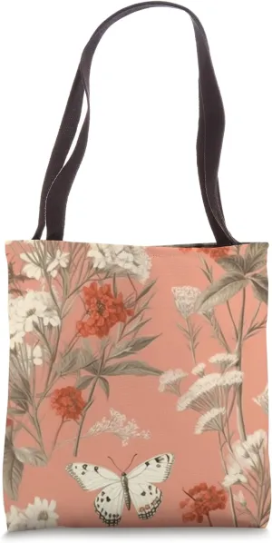 Butterfly Pattern Wildflower Pastel Coral Tote Bag