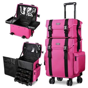 BYOOTIQUE 2 in1 Soft Sided Rolling Makeup Case Unseasonable Bright Cosmetic Train Case with Wheels and Removable Organizer, Deep Pink