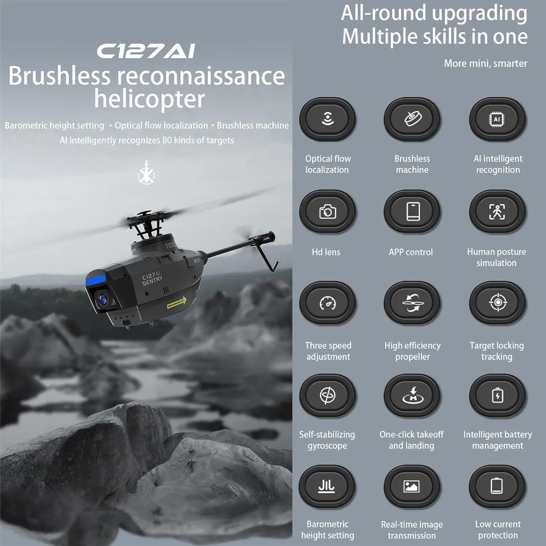 C127AI Scout RC Helicopter with 1080P Camera,2.4G 4CH Remote Control Helicopter with 6-Axis Gyro One Key Take Off/Landing Optical Flow Positioning Indoor Outdoor RC Aircraft for Adults (2 Batteries)