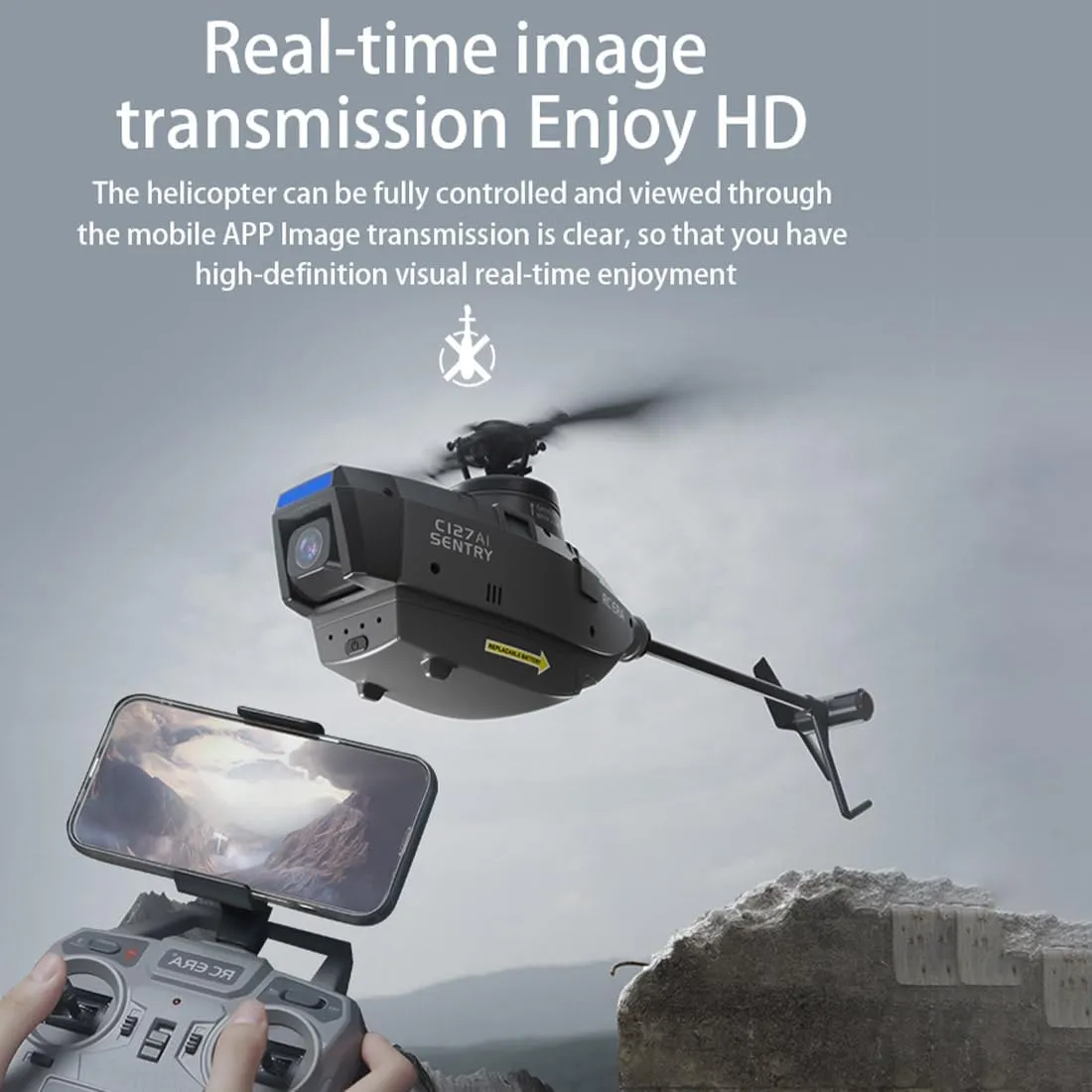 C127AI Scout RC Helicopter with 1080P Camera,2.4G 4CH Remote Control Helicopter with 6-Axis Gyro One Key Take Off/Landing Optical Flow Positioning Indoor Outdoor RC Aircraft for Adults (2 Batteries)