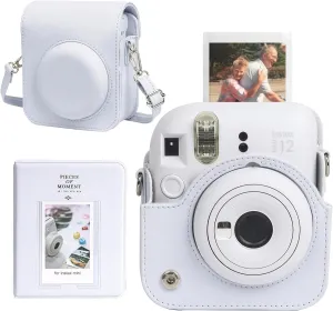 CAIYOULE Protective Camera Case for Instax Mini 12 Instant Camera for Fuji Mini 12 Case PU Leather Carrying Bag with Adjustable Shoulder Strap & 64 Pockets Photo Album - Clay White