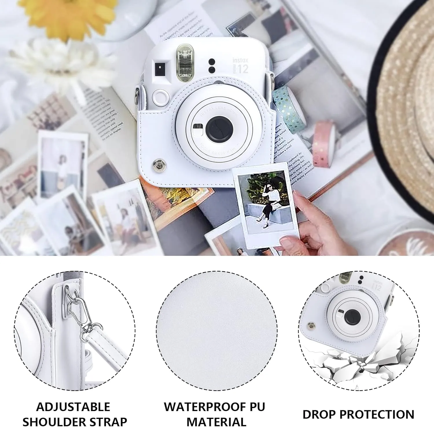 CAIYOULE Protective Camera Case for Instax Mini 12 Instant Camera for Fuji Mini 12 Case PU Leather Carrying Bag with Adjustable Shoulder Strap & 64 Pockets Photo Album - Clay White