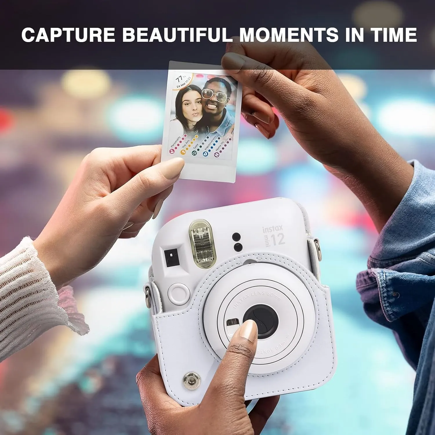 CAIYOULE Protective Camera Case for Instax Mini 12 Instant Camera for Fuji Mini 12 Case PU Leather Carrying Bag with Adjustable Shoulder Strap & 64 Pockets Photo Album - Clay White