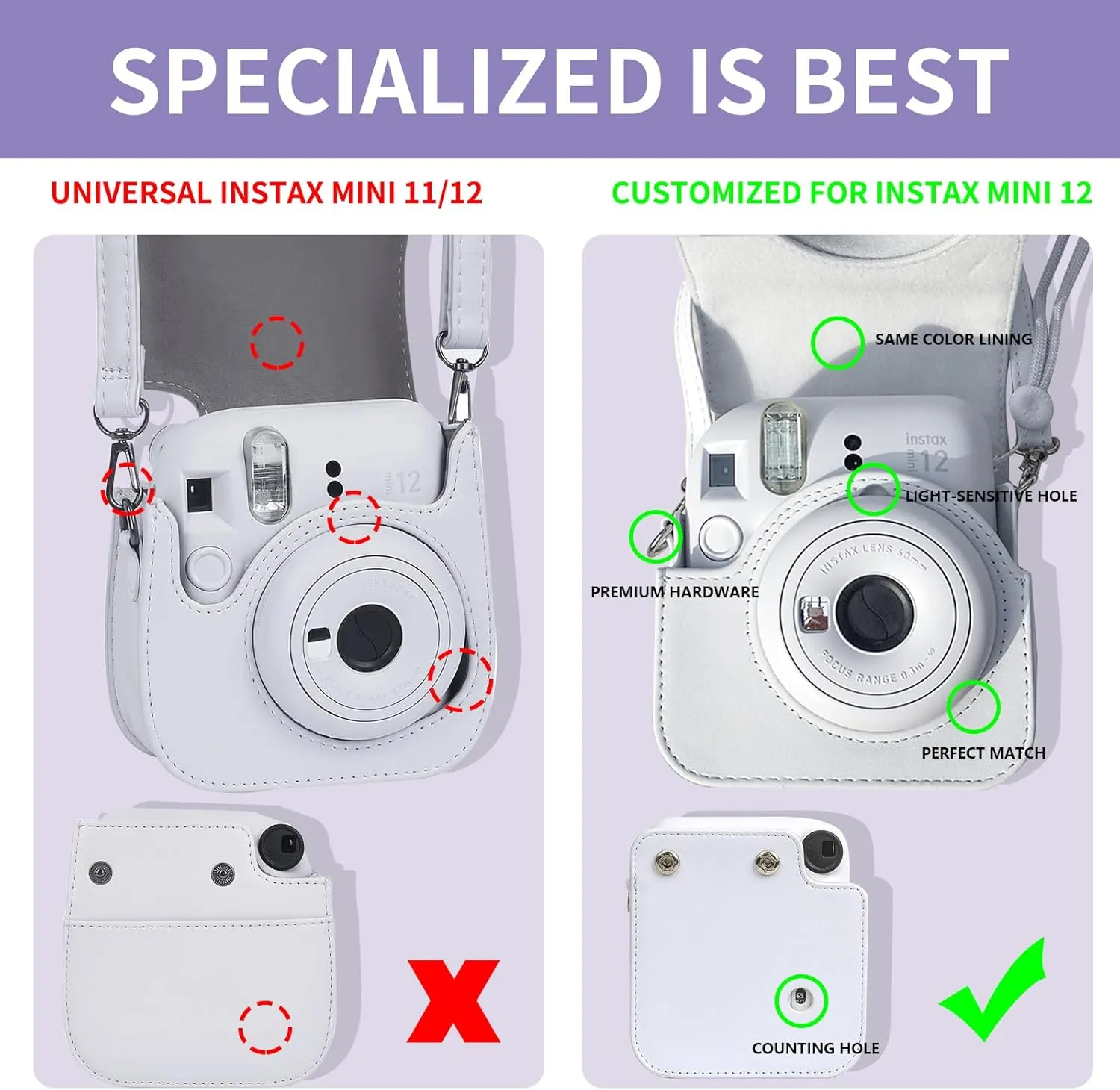 CAIYOULE Protective Camera Case for Instax Mini 12 Instant Camera for Fuji Mini 12 Case PU Leather Carrying Bag with Adjustable Shoulder Strap & 64 Pockets Photo Album - Clay White