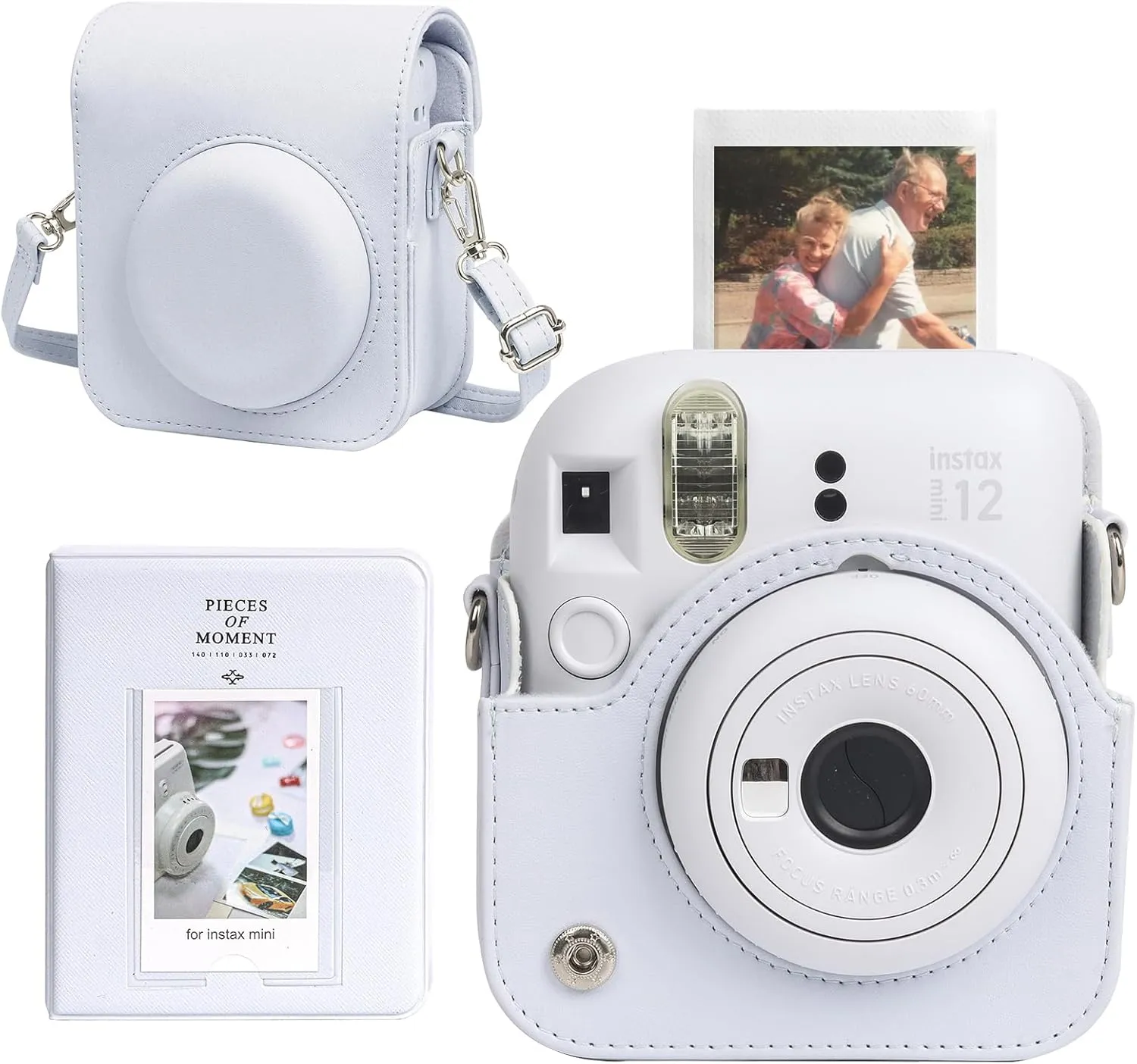 CAIYOULE Protective Camera Case for Instax Mini 12 Instant Camera for Fuji Mini 12 Case PU Leather Carrying Bag with Adjustable Shoulder Strap & 64 Pockets Photo Album - Clay White