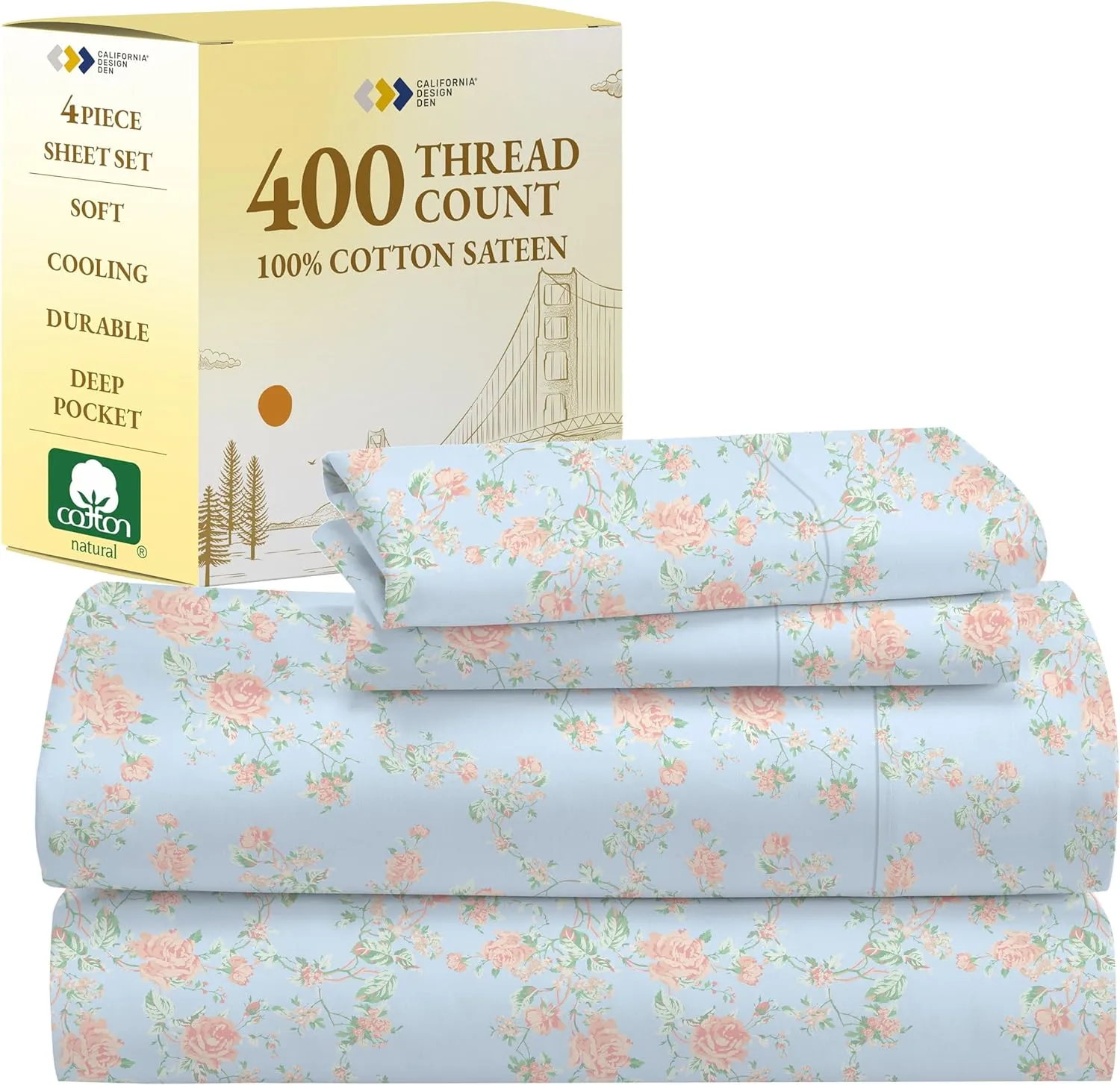 California Design Den California King Sheet Sets - 400 Thread Count Sateen, Natural 100% Cotton Sheets Set Deep Pocket Cooling and Durable Bedding - Antique Rose