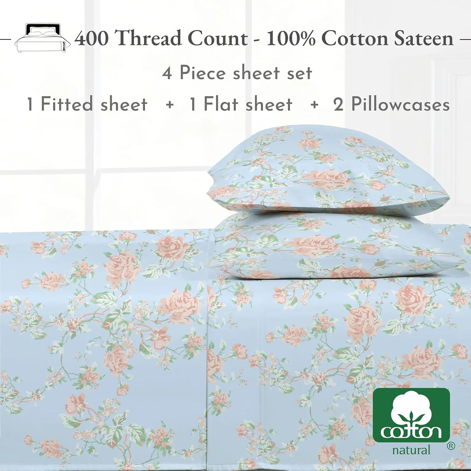 California Design Den California King Sheet Sets - 400 Thread Count Sateen, Natural 100% Cotton Sheets Set Deep Pocket Cooling and Durable Bedding - Antique Rose
