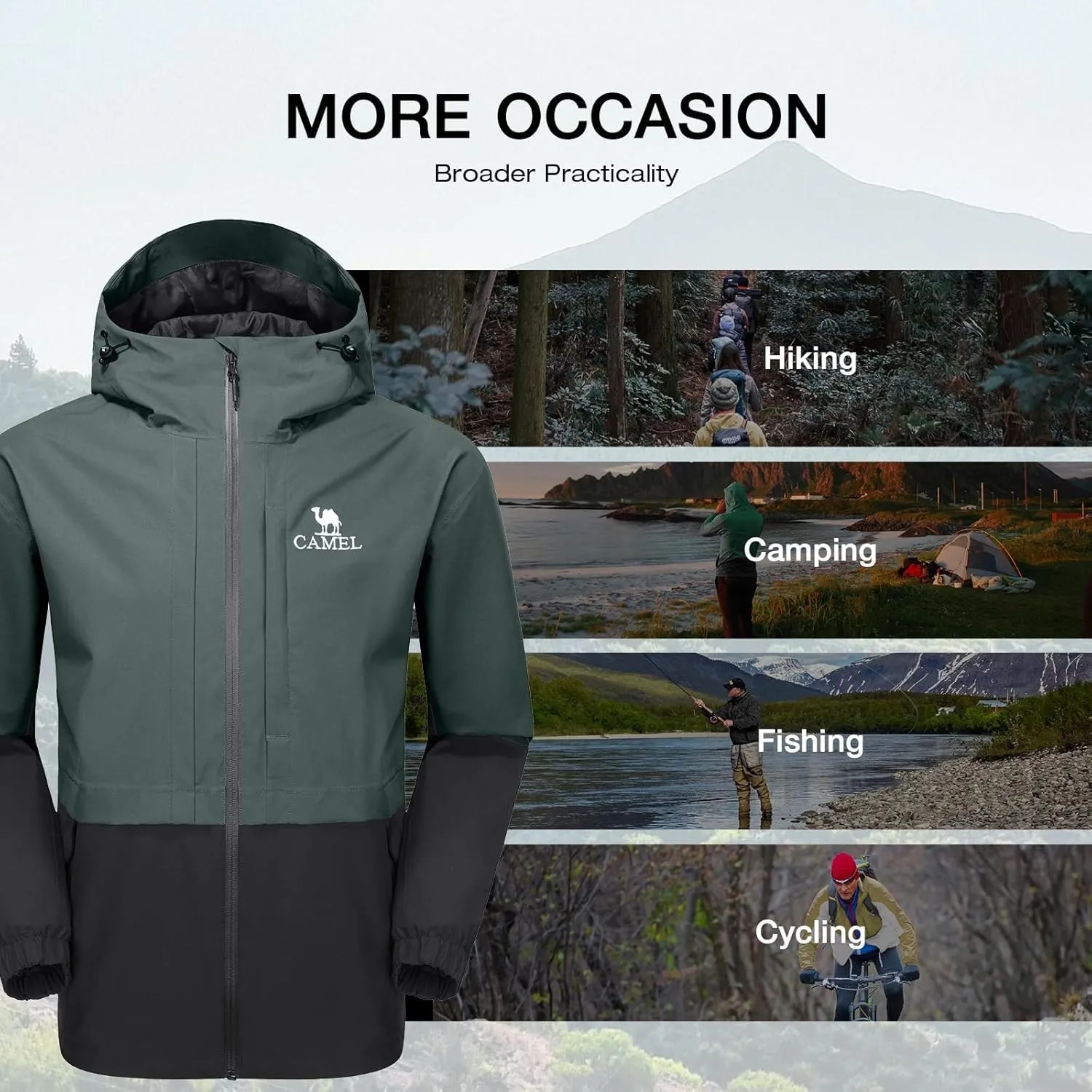 CAMEL Men's Rain Jacket - Lightweight Waterproof Windbreaker Softshell Jacket for Hiking and Travel with Hood