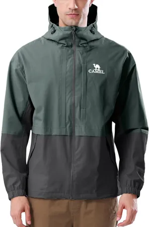 CAMEL Men's Rain Jacket - Lightweight Waterproof Windbreaker Softshell Jacket for Hiking and Travel with Hood