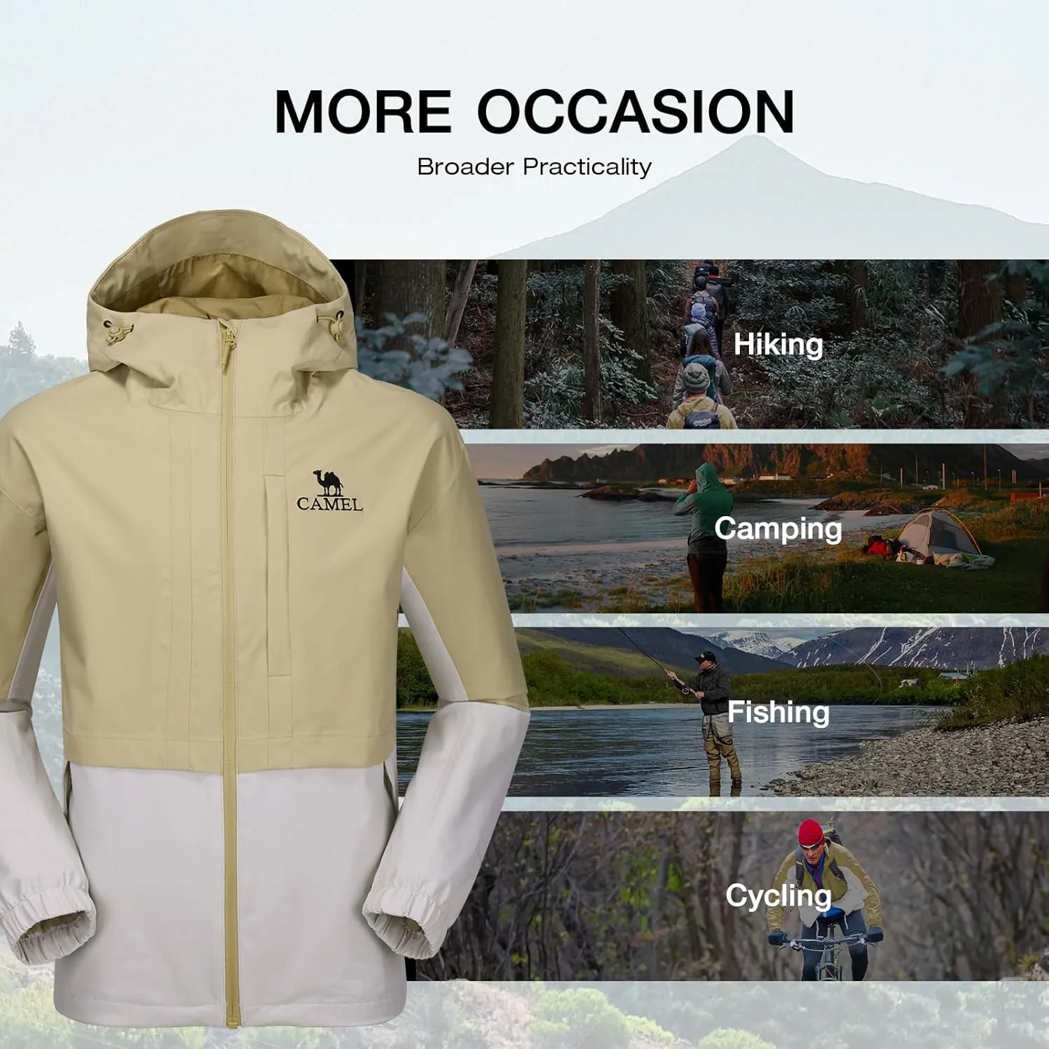 CAMEL Men's Rain Jacket - Lightweight Waterproof Windbreaker Softshell Jacket for Hiking and Travel with Hood