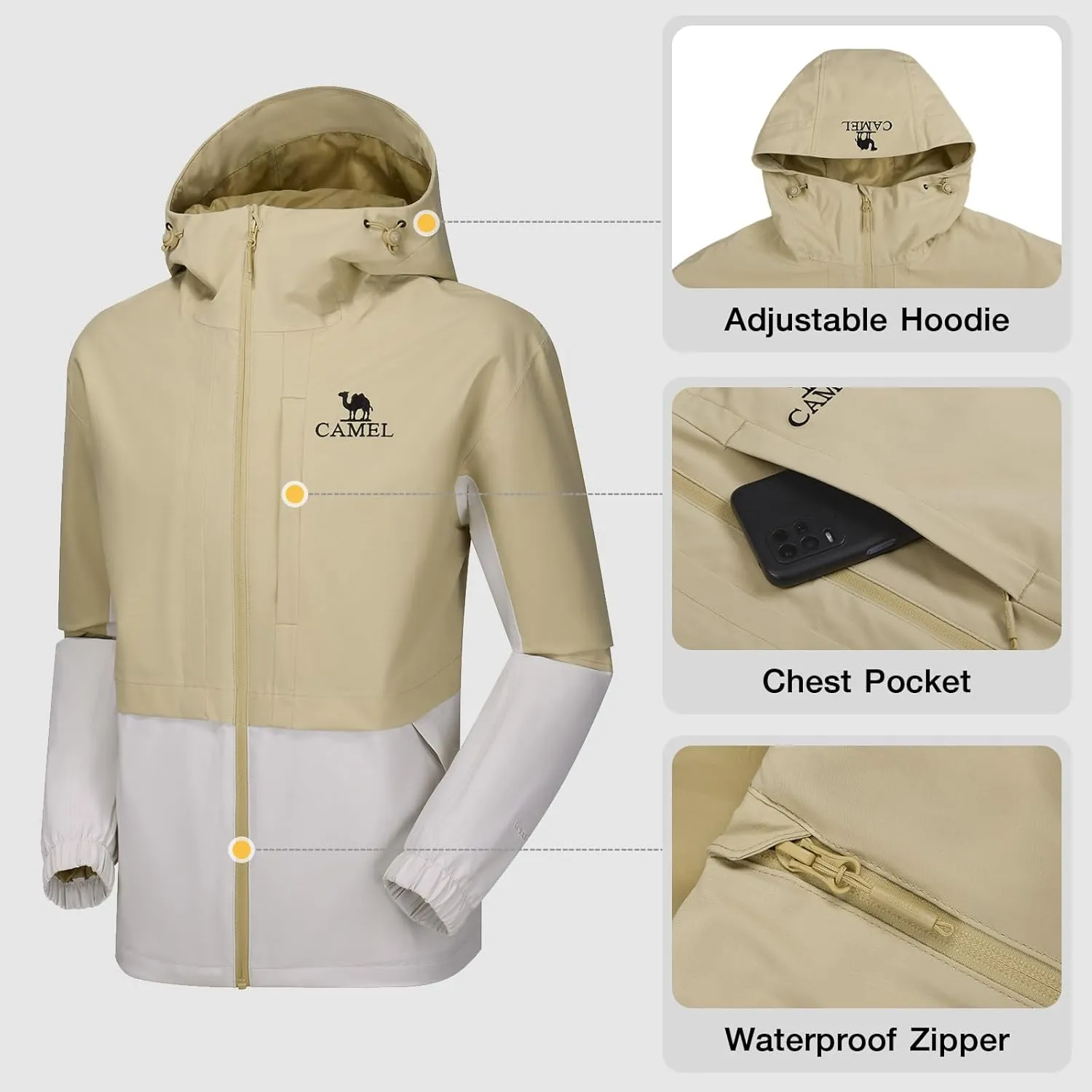 CAMEL Men's Rain Jacket - Lightweight Waterproof Windbreaker Softshell Jacket for Hiking and Travel with Hood
