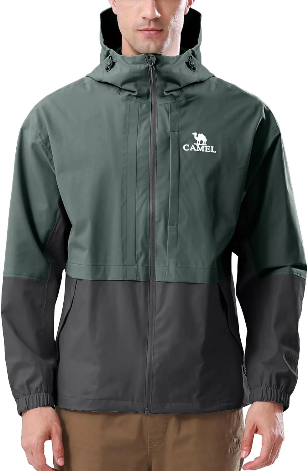 CAMEL Men's Rain Jacket - Lightweight Waterproof Windbreaker Softshell Jacket for Hiking and Travel with Hood