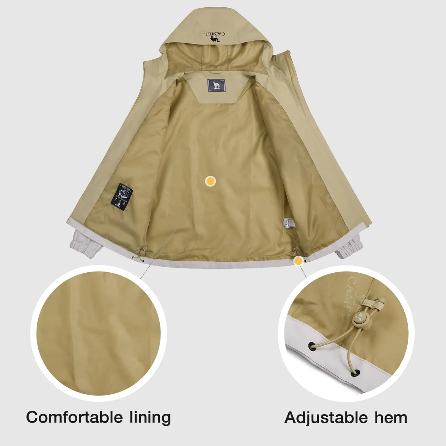 CAMEL Men's Rain Jacket - Lightweight Waterproof Windbreaker Softshell Jacket for Hiking and Travel with Hood