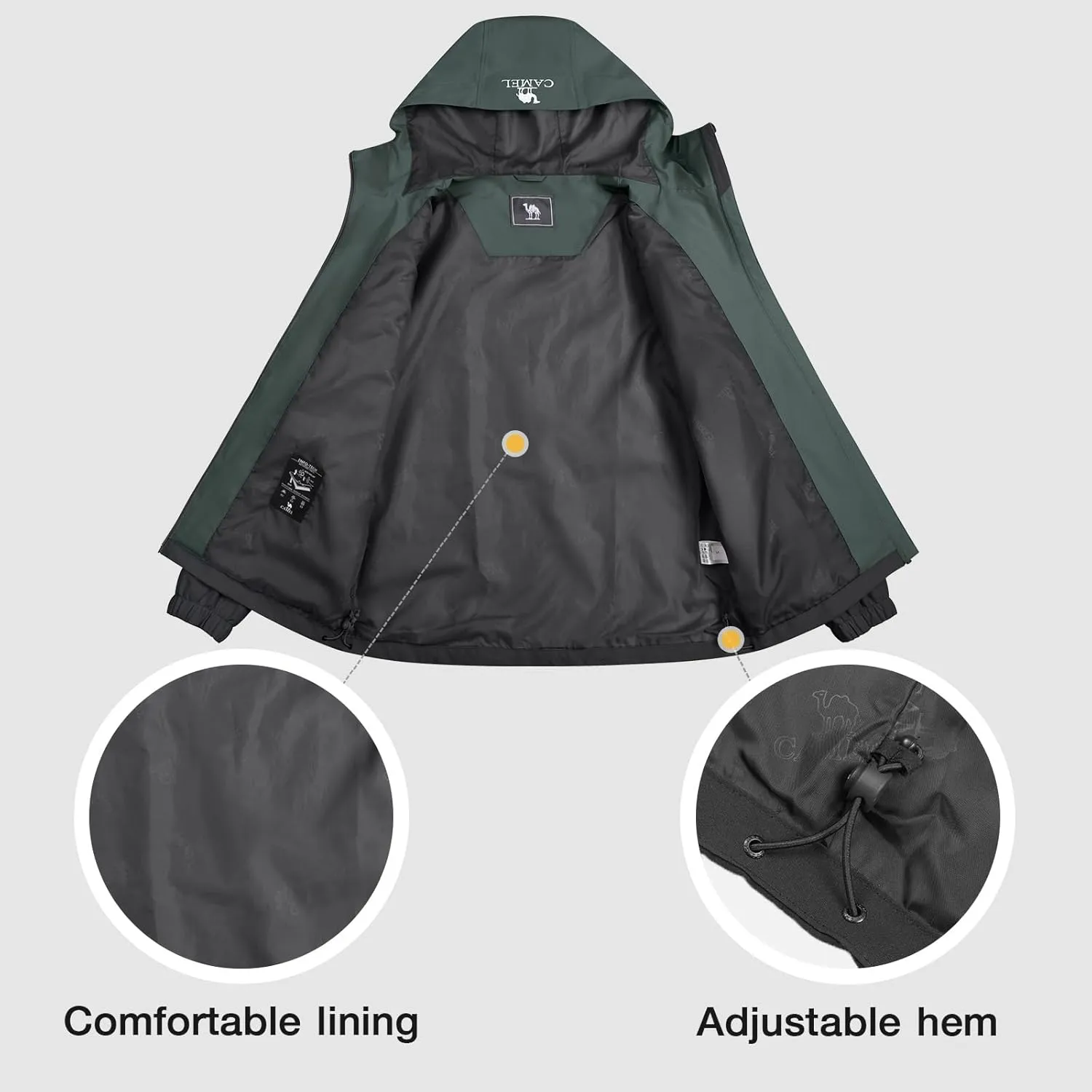 CAMEL Men's Rain Jacket - Lightweight Waterproof Windbreaker Softshell Jacket for Hiking and Travel with Hood