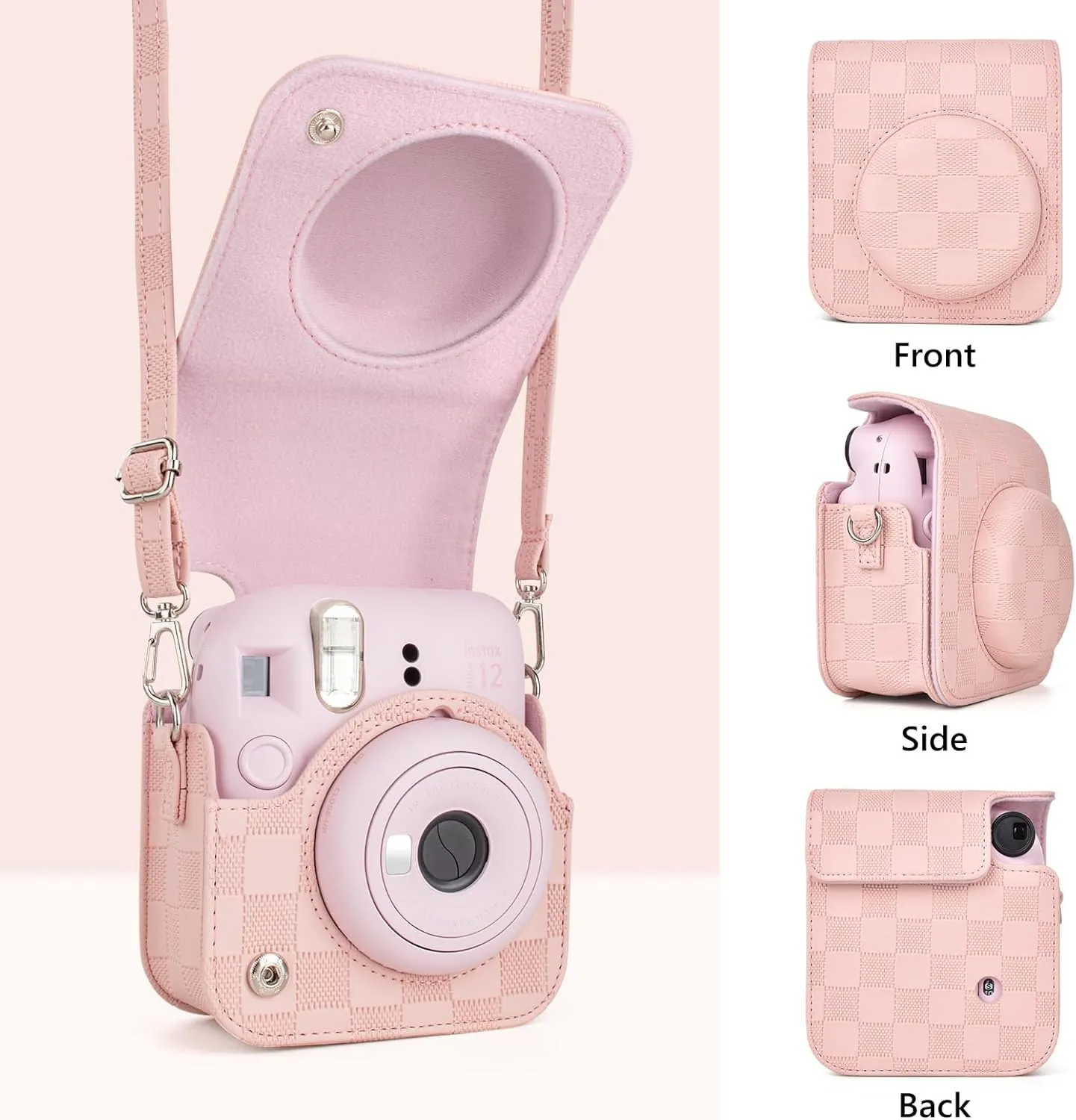 Camera Case Compatible with Fujifilm Instax Mini 12 Instant Camera, Checkerboard Style Camera Carry Bag for Polaroid Instax Mini 12 with Strap - Blush Pink