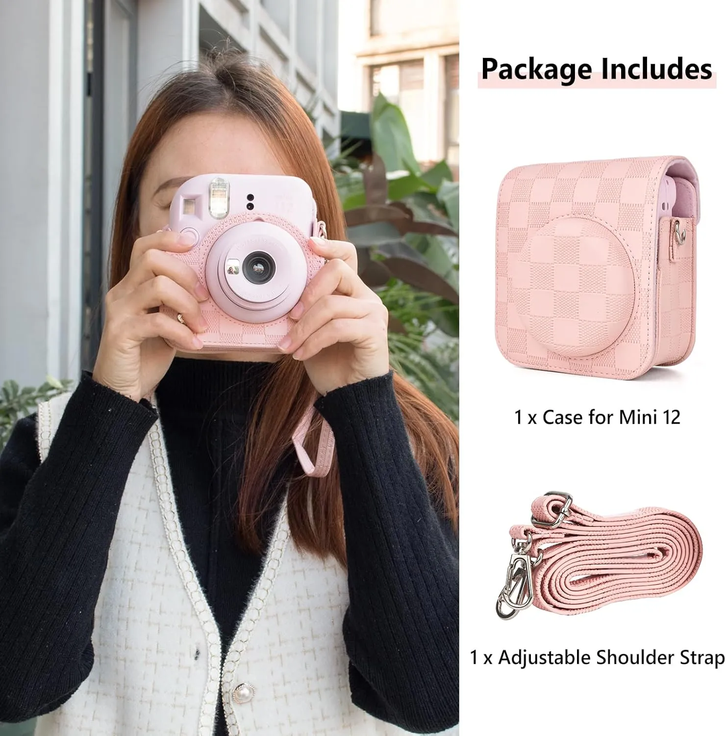 Camera Case Compatible with Fujifilm Instax Mini 12 Instant Camera, Checkerboard Style Camera Carry Bag for Polaroid Instax Mini 12 with Strap - Blush Pink