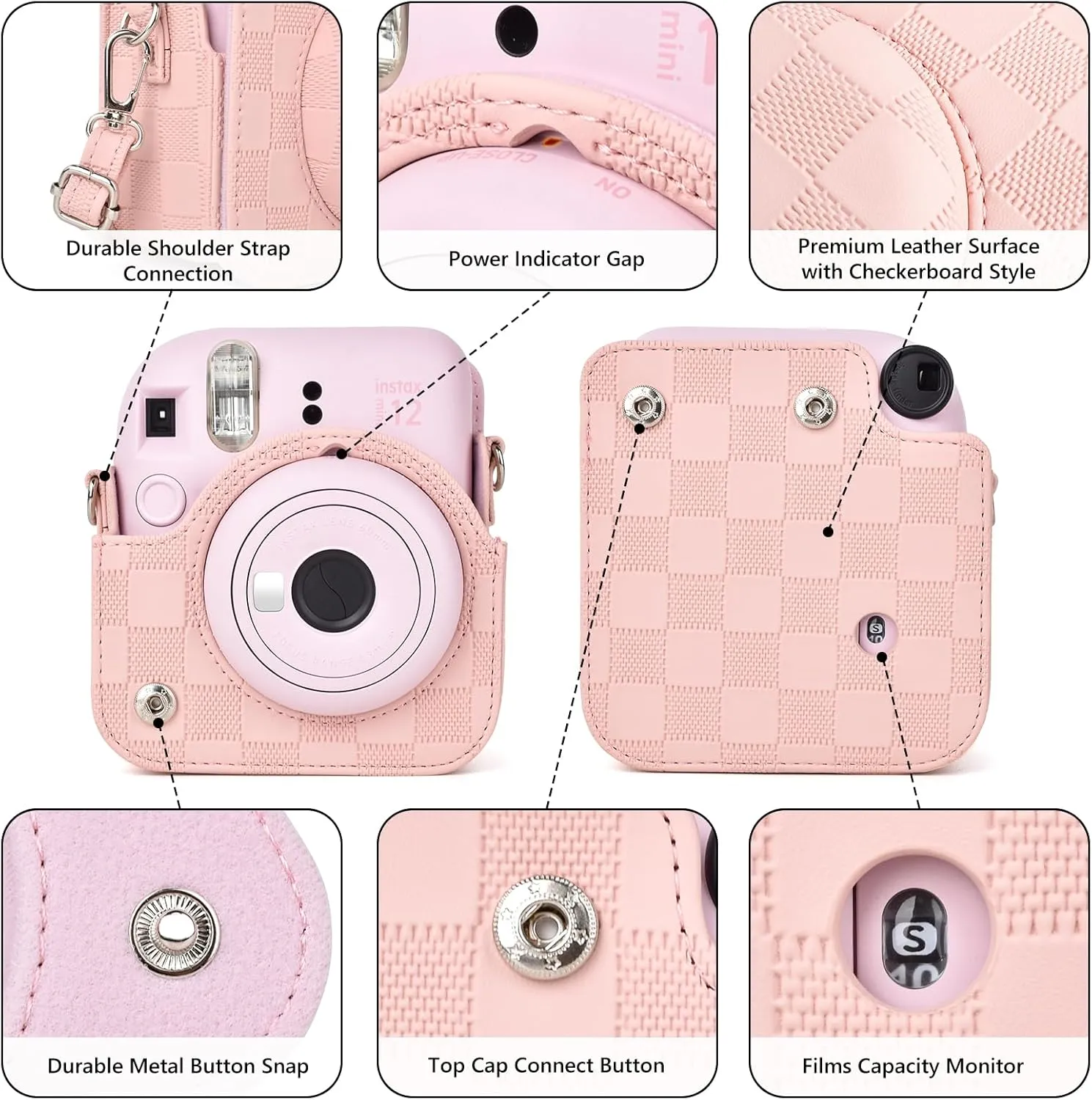 Camera Case Compatible with Fujifilm Instax Mini 12 Instant Camera, Checkerboard Style Camera Carry Bag for Polaroid Instax Mini 12 with Strap - Blush Pink